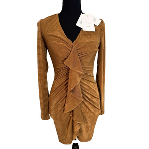 NWT SIGNIFICANT OTHER BROWN LONG SLEEVE RUFFLED V NECK MINI DRESS